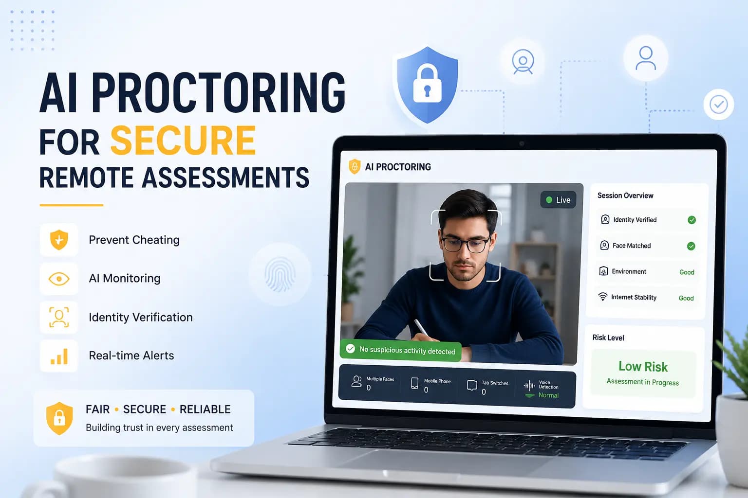 AI proctoring dashboard showing candidate monitoring, facial detection, and cheating alerts in remote assessments