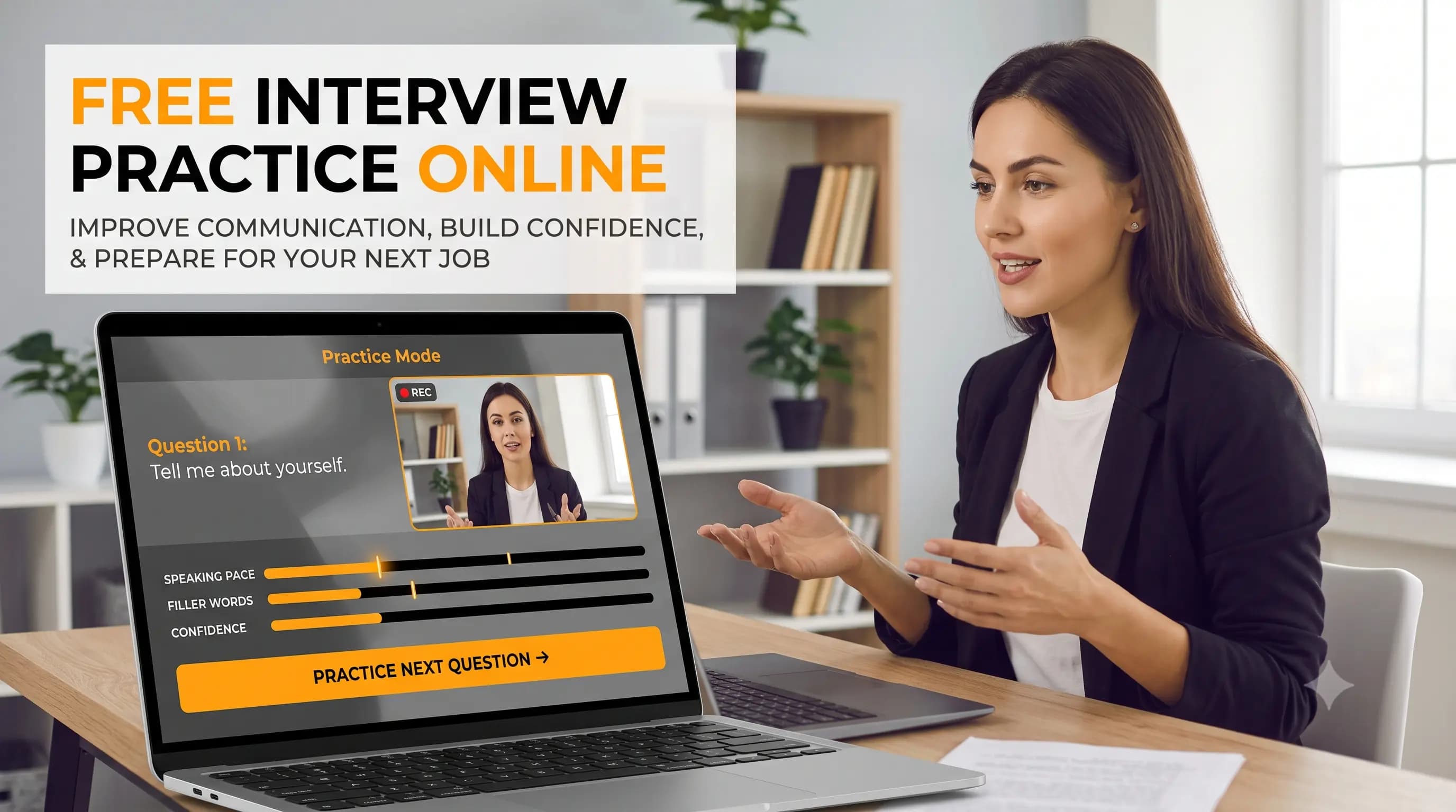 Job seeker practicing interview questions online using a laptop