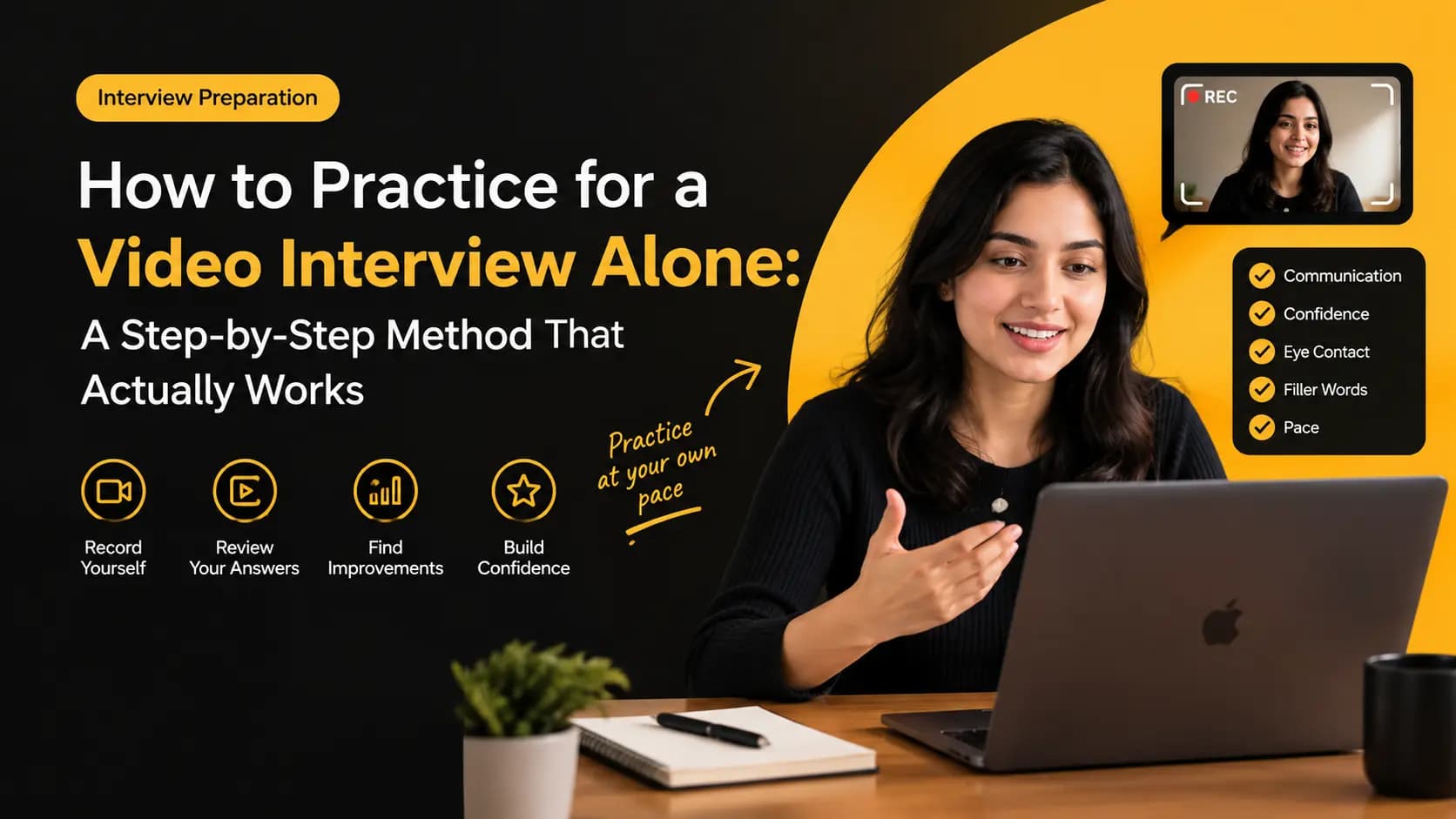 Candidate practicing a video interview alone using a laptop camera